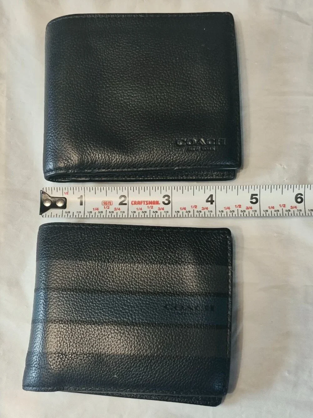 Two Men's Coach Classic Bifold Leather Wallets One Solid, One Striped